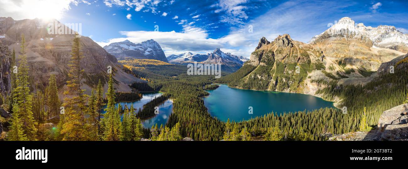 Panoramablick auf den Glacier Lake mit den kanadischen Rocky Mountains im Hintergrund. Stockfoto