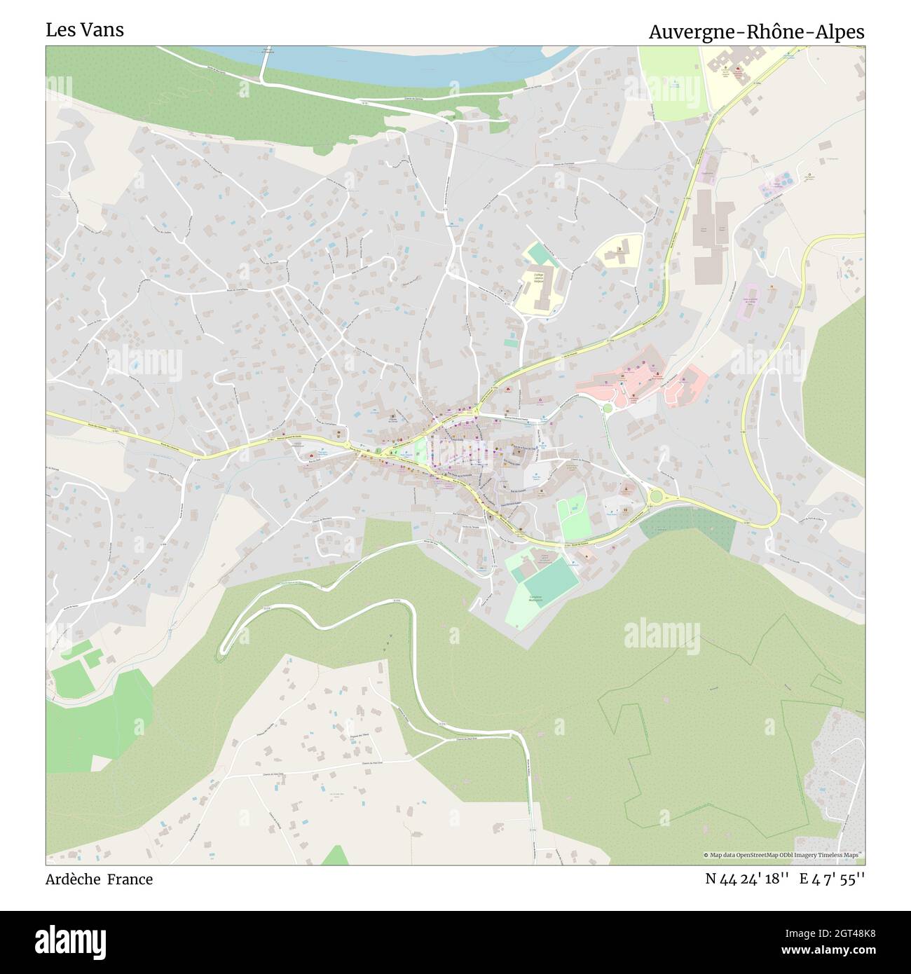 Les Vans, Ardèche, Frankreich, Auvergne-Rhône-Alpes, N 44 24' 18'', E 4 7' 55'', map, Timeless Map veröffentlicht im Jahr 2021. Reisende, Entdecker und Abenteurer wie Florence Nightingale, David Livingstone, Ernest Shackleton, Lewis and Clark und Sherlock Holmes haben sich bei der Planung von Reisen zu den entlegensten Ecken der Welt auf Karten verlassen.Timeless Maps kartiert die meisten Orte auf der Welt und zeigt die Verwirklichung großer Träume Stockfoto