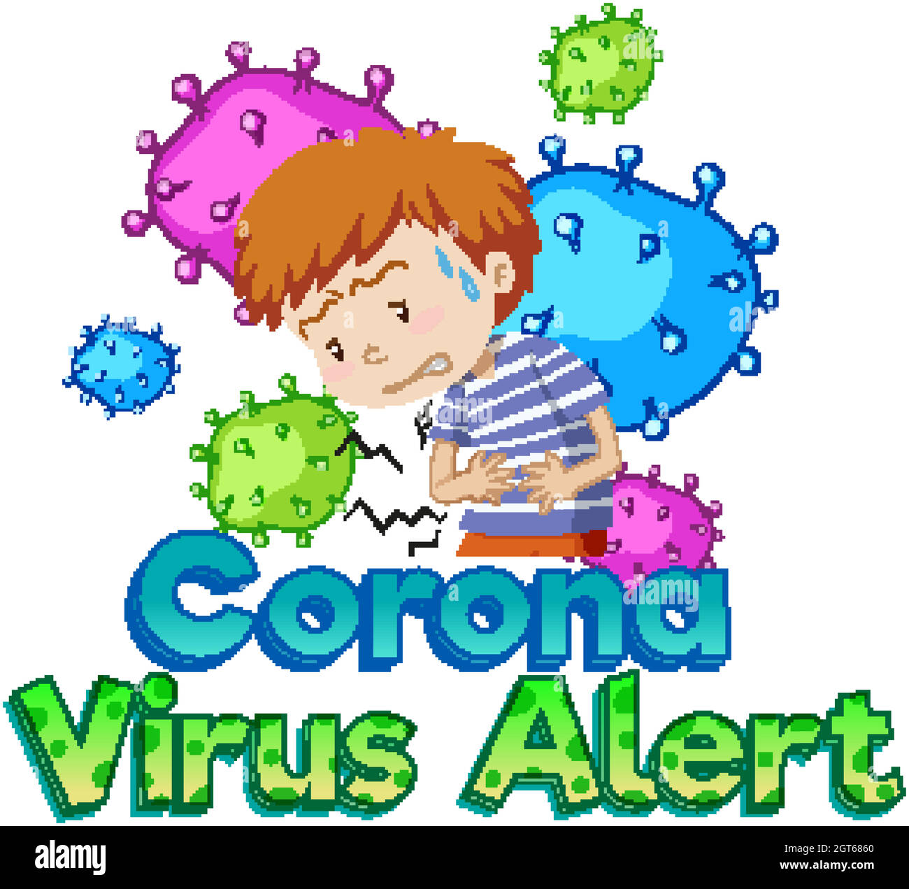 Schriftdesign für Word Coronavirus Alert mit kranken Jungen und Viren Stock Vektor