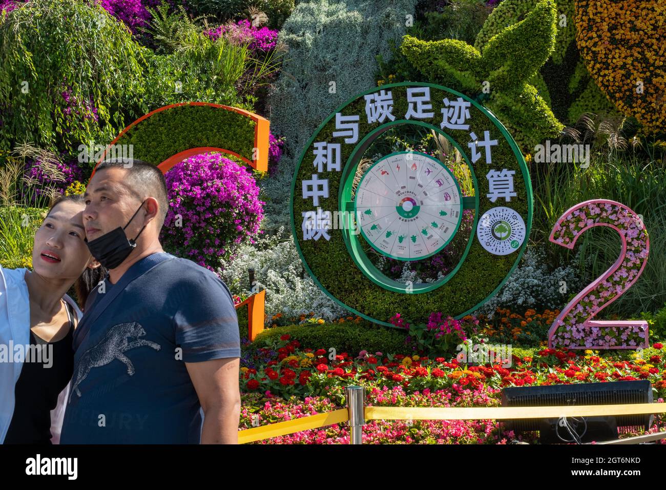 Chinesische Schriftzeichen: Klimaneutralität und Berechnungen des CO2-Fußabdrucks. Stockfoto