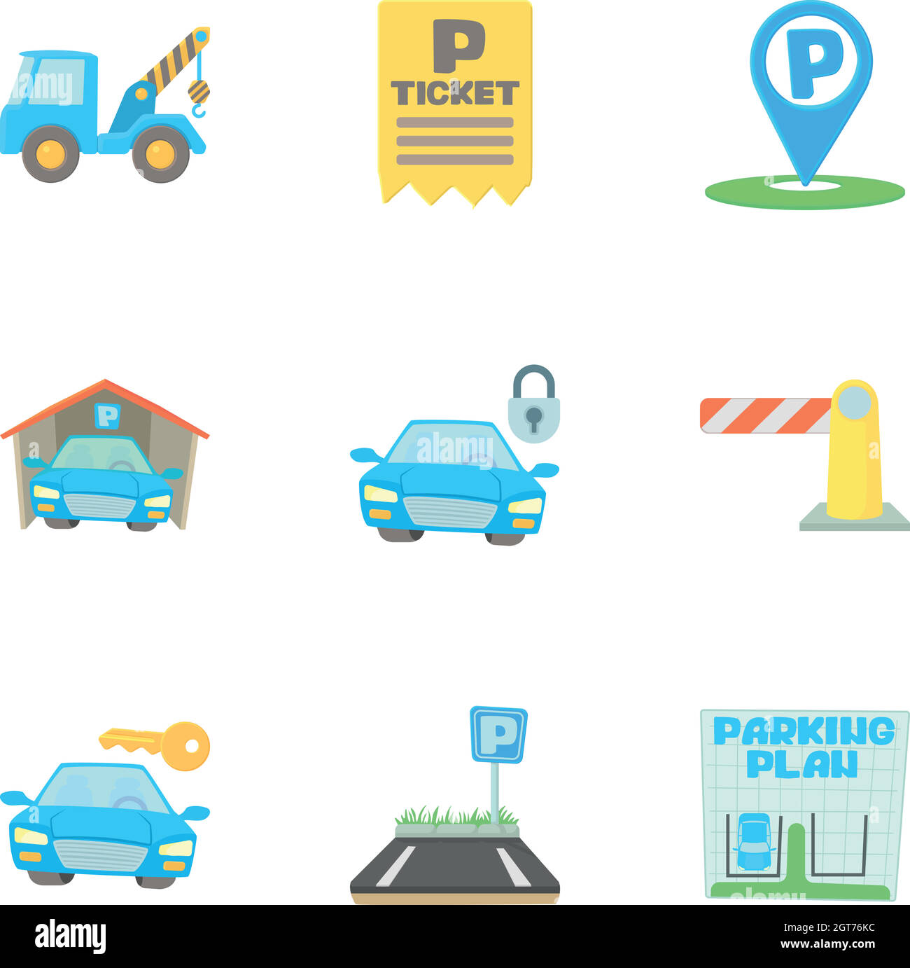 Valet-Parking Icons Set, Cartoon-Stil Stock Vektor