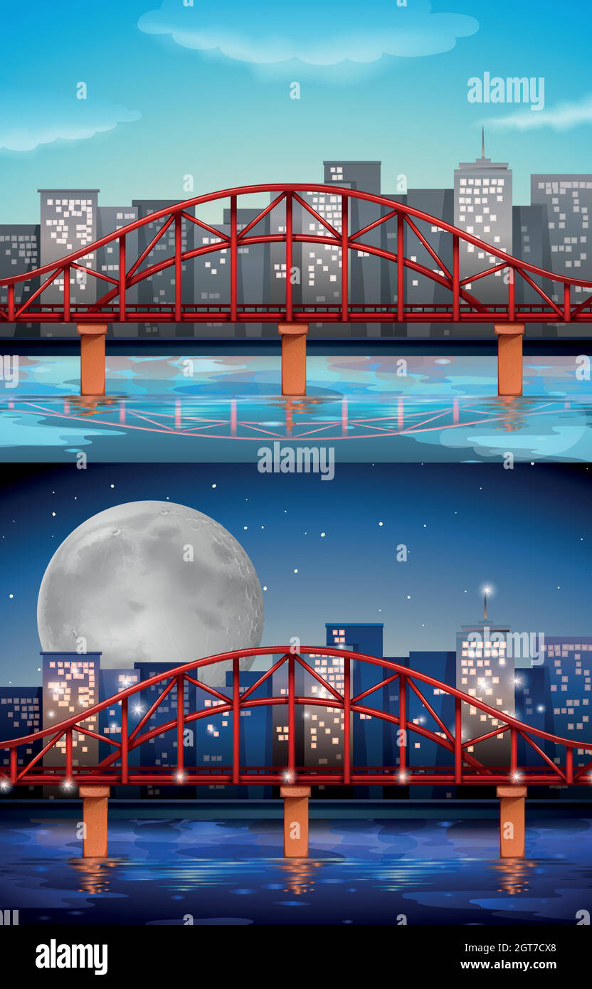 Blick auf die Stadt mit Brücke bei Tag und Nacht Stock Vektor