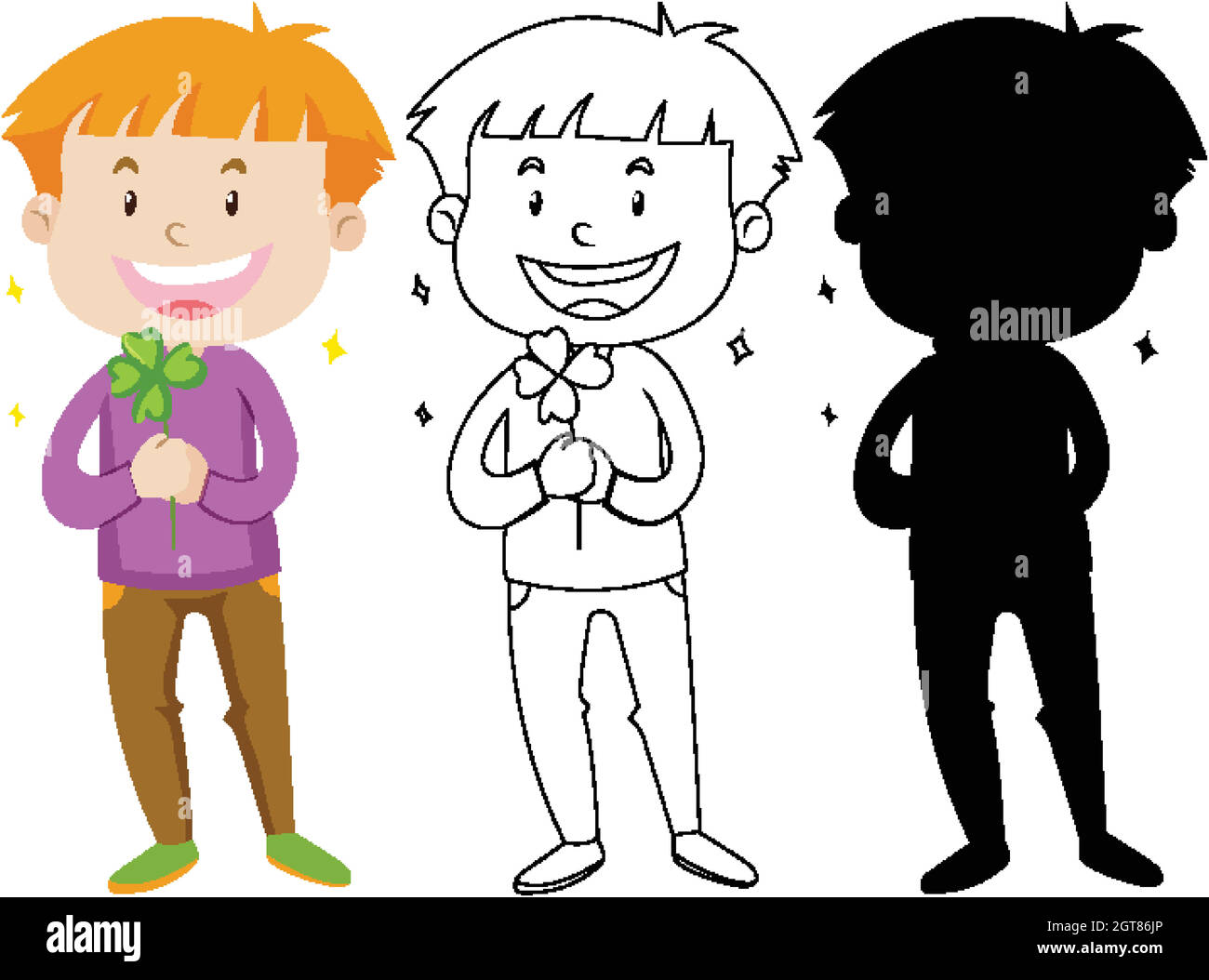 Junge hält Kleeblatt in Farbe und Silhouette und Umriss Stock Vektor