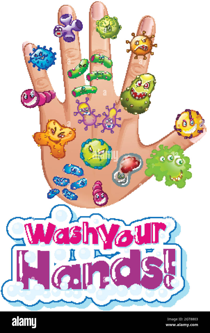 Posterdesign für Coronavirus-Thema mit Viruszellen auf menschlicher Hand Stock Vektor