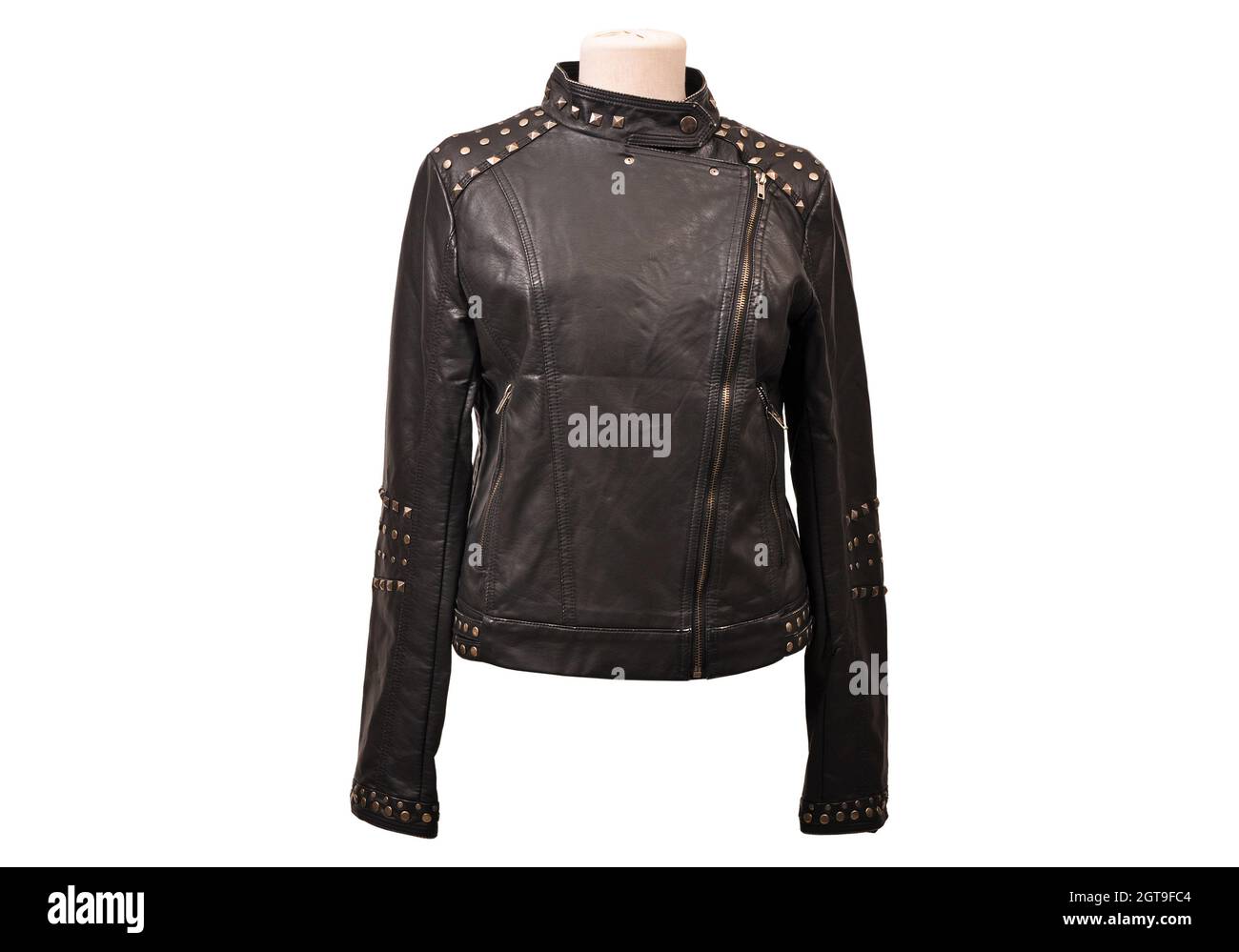 Schwarze Damen Lederjacke isoliert auf weißem Hintergrund, passend Größe Ledermantel Stockfoto