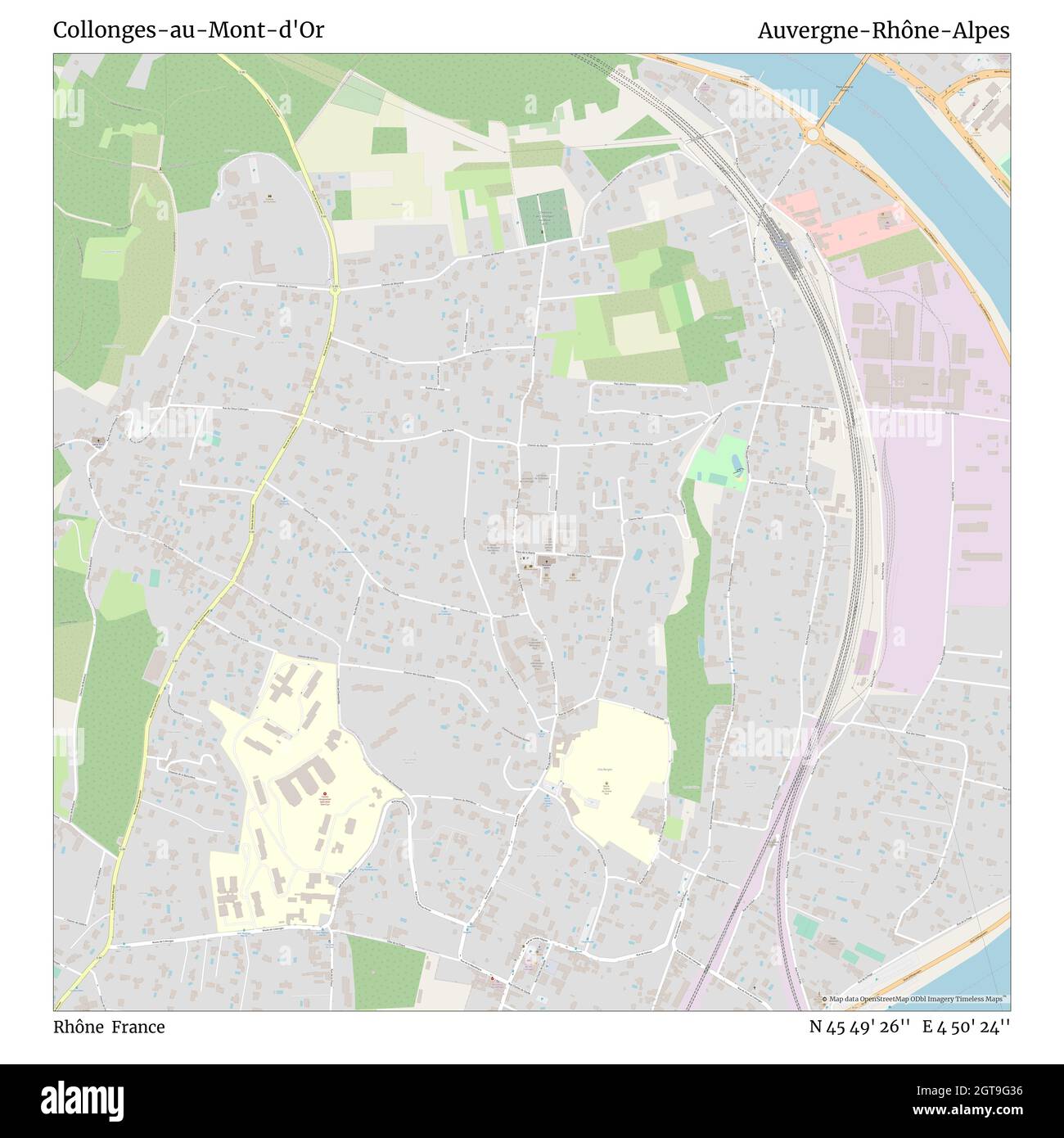 Collonges-au-Mont-d'Or, Rhône, Frankreich, Auvergne-Rhône-Alpes, N 45 49' 26'', E 4 50' 24'', map, Timeless Map veröffentlicht im Jahr 2021. Reisende, Entdecker und Abenteurer wie Florence Nightingale, David Livingstone, Ernest Shackleton, Lewis and Clark und Sherlock Holmes haben sich bei der Planung von Reisen zu den entlegensten Ecken der Welt auf Karten verlassen.Timeless Maps kartiert die meisten Orte auf der Welt und zeigt die Verwirklichung großer Träume Stockfoto