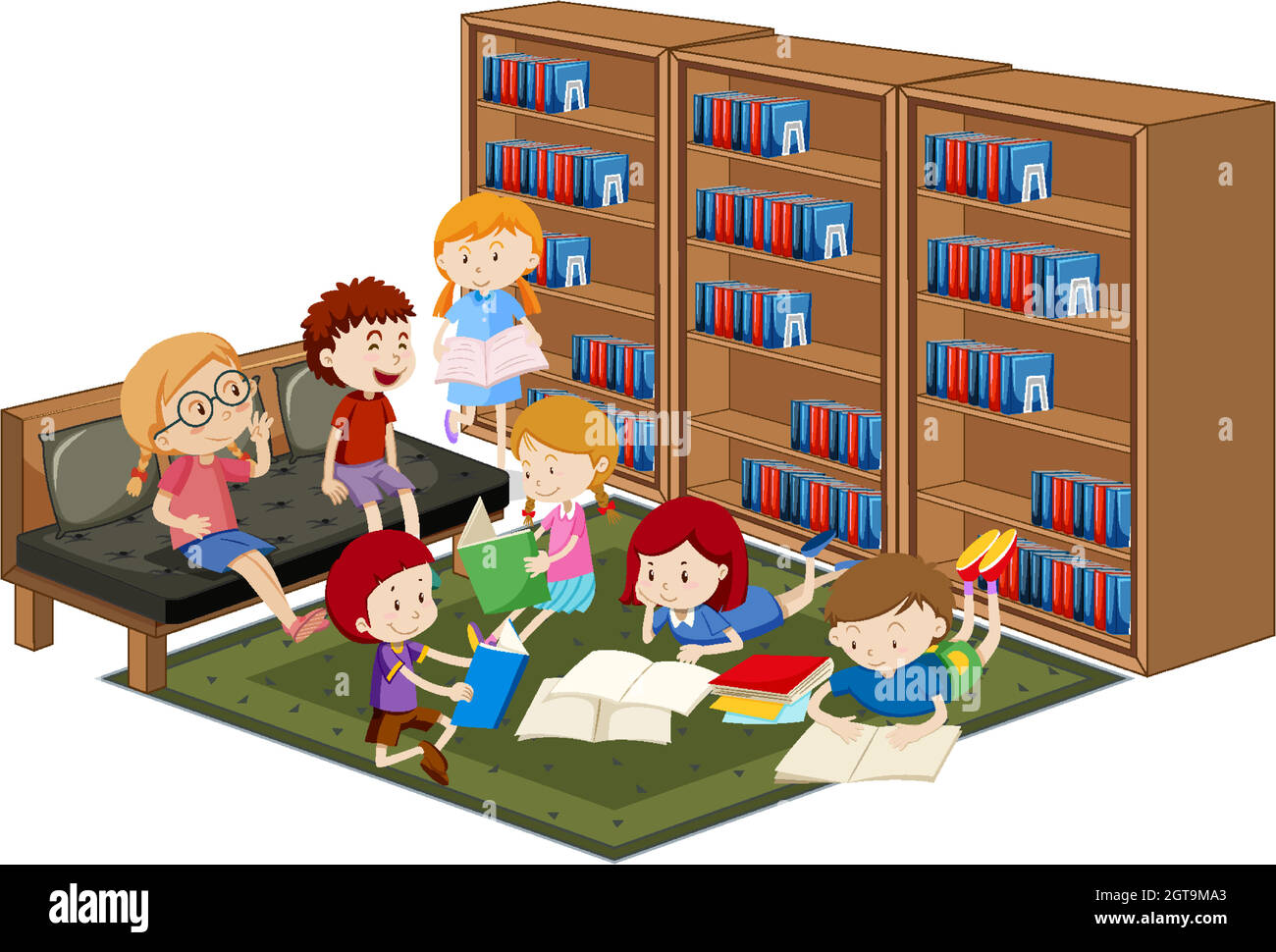 Kinder lesen die Buchung in der Bibliothek isoliert auf weißem Hintergrund Stock Vektor