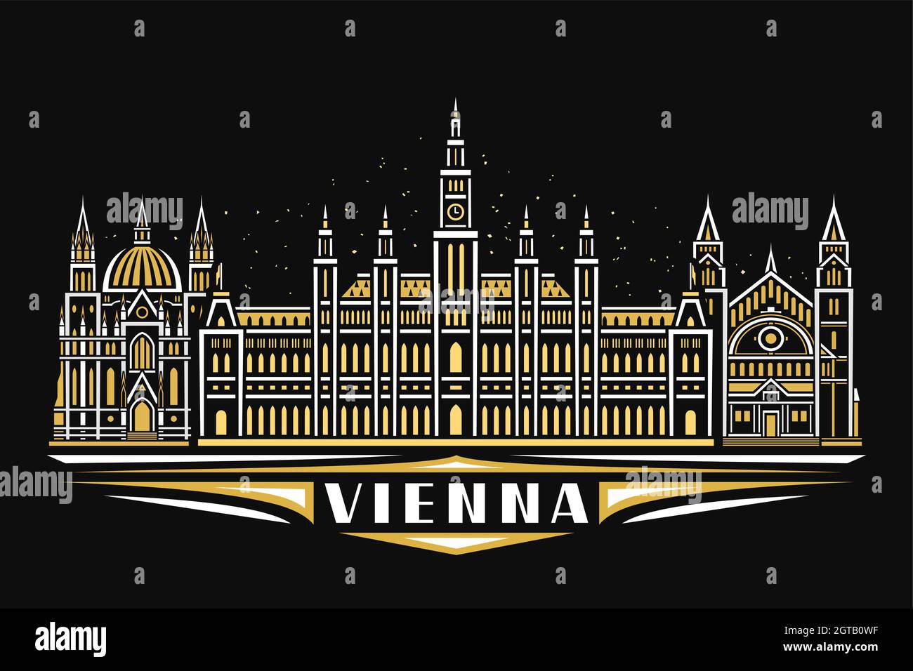 Vektor-Illustration von Wien, schwarzes horizontales Plakat mit linearem Design illuminierte wiener Stadtlandschaft, europäisches Urban Line Art Konzept mit Dekorati Stock Vektor