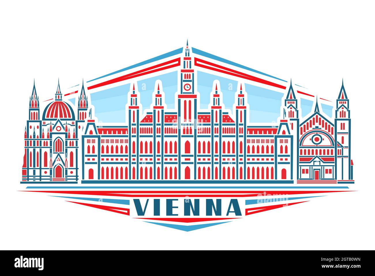 Vektor-Illustration von Wien, horizontales Poster mit linearem Design historische wiener Stadtlandschaft auf Tageshimmel Hintergrund, Urban Line Art Concept mit Deko Stock Vektor