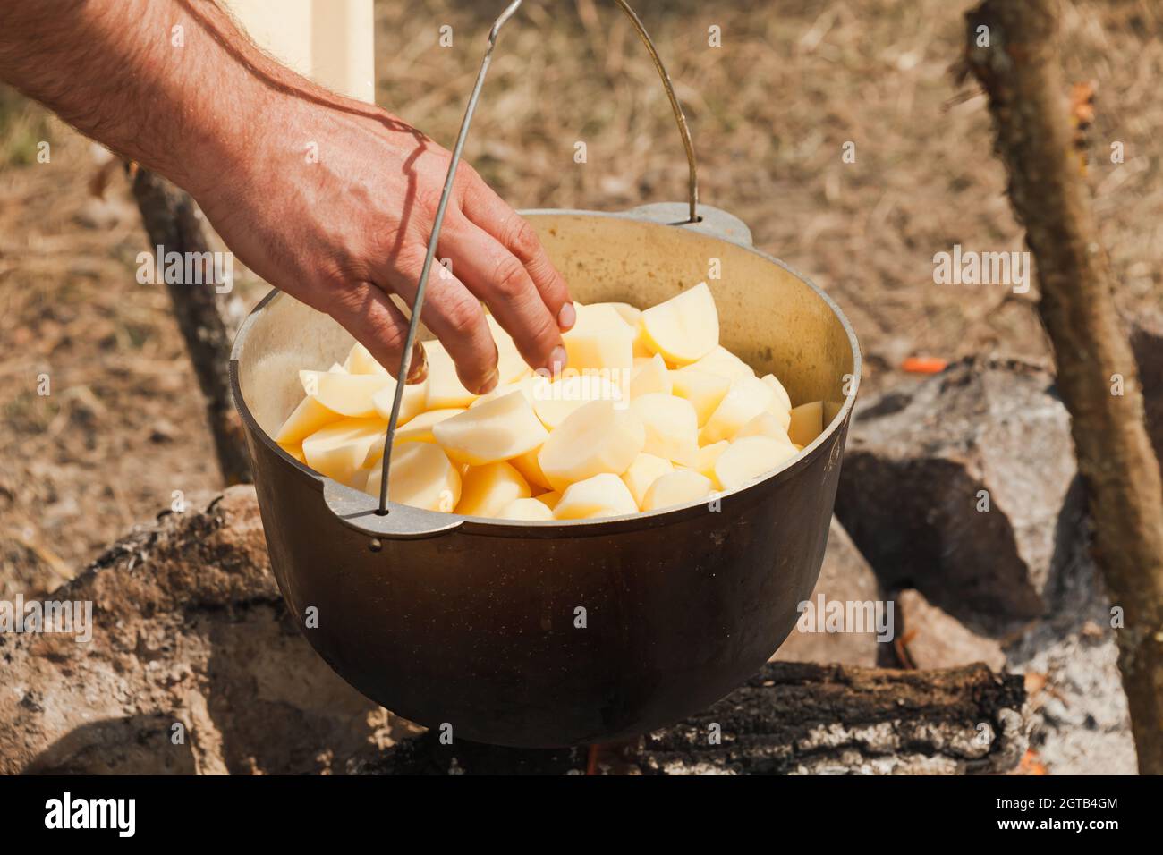 Männliche Hand fügt Kartoffeln in einen Kessel. Vorbereitung einer Suppe am offenen Feuer, Campingmahlzeit Stockfoto