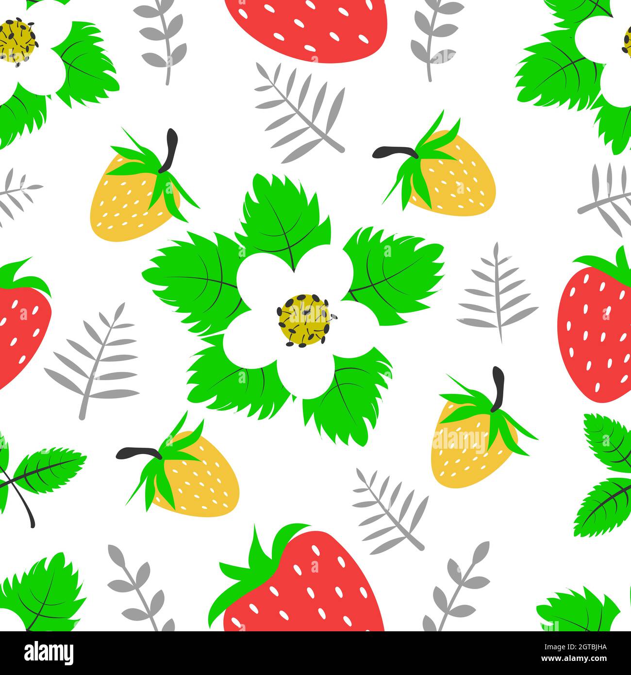 Nahtlose Muster mit Beeren, Blumen und Erdbeerblätter auf weiß isoliert . Vektorgrafik Stock Vektor