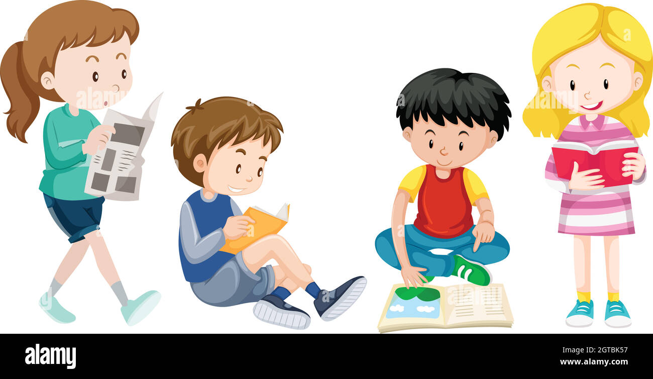 Vier Kinder beim Lesen von Büchern Stock Vektor