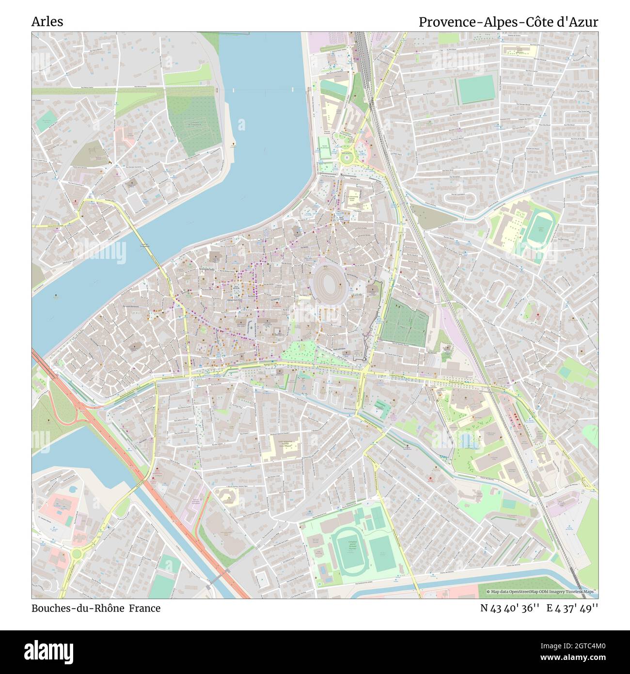 Arles, Bouches-du-Rhône, Frankreich, Provence-Alpes-Côte d'Azur, N 43 40' 36'', E 4 37' 49'', map, Timeless Map veröffentlicht im Jahr 2021. Reisende, Entdecker und Abenteurer wie Florence Nightingale, David Livingstone, Ernest Shackleton, Lewis and Clark und Sherlock Holmes haben sich bei der Planung von Reisen zu den entlegensten Ecken der Welt auf Karten verlassen.Timeless Maps kartiert die meisten Orte auf der Welt und zeigt die Verwirklichung großer Träume Stockfoto