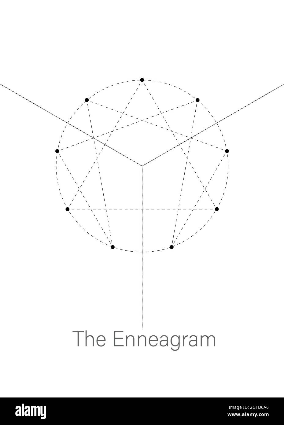 Enneagram-Symbol, heilige Geometrie, Diagramm-Logo-Vorlage, mit Zahlen von eins bis neun über die neun Arten von Persönlichkeit, schwarze gestrichelte Linie Stock Vektor