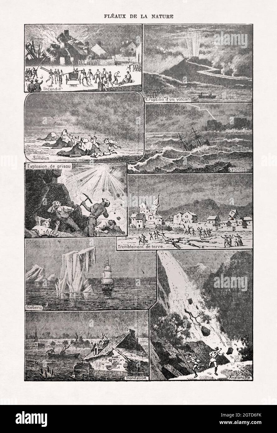 Alte Illustration über Naturkatastrophen druckte 1899 ein französisches Wörterbuch. Stockfoto