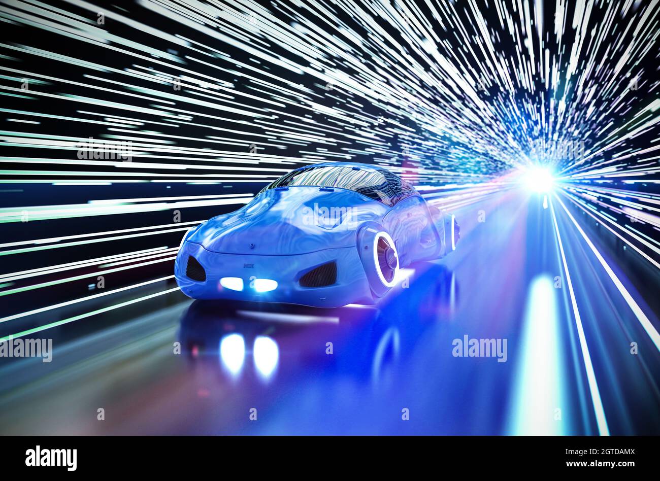 Fahrerloses Auto oder autonomes Auto mit 3d-Rendering-Auto im Stadttunnel Stockfoto