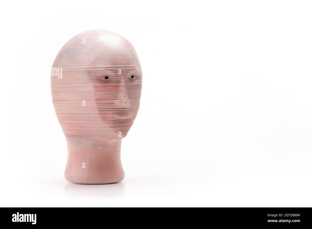 Meme Mann 3d gedruckten Kopf Kunststoff-Modell, Objekt isoliert auf weißem Hintergrund, ausgeschnitten, 3D-Druck-Technologie Produkt, surreale Internet-Meme moderne Web c Stockfoto