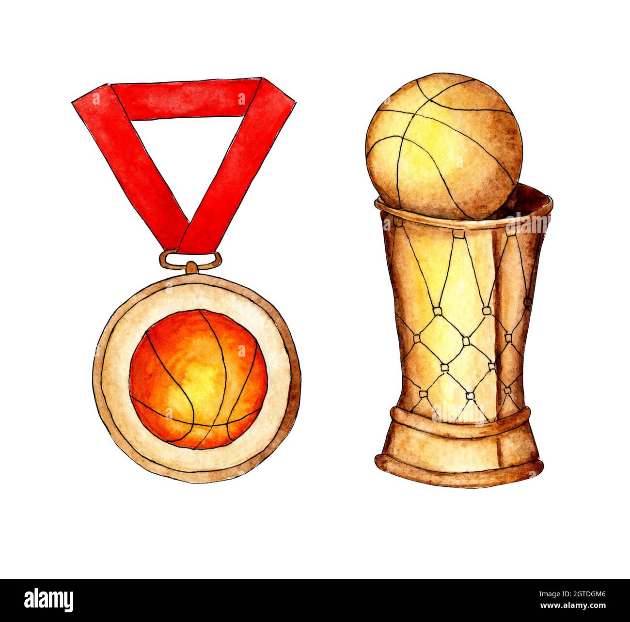 Aquarell Set Basketball Goldbecher mit Ball und Medaille auf rotem Band. Konzept der Auszeichnung, Trophäe, Auszeichnungen isoliert auf weißem Hintergrund. Von Hand gezeichnet. Stockfoto