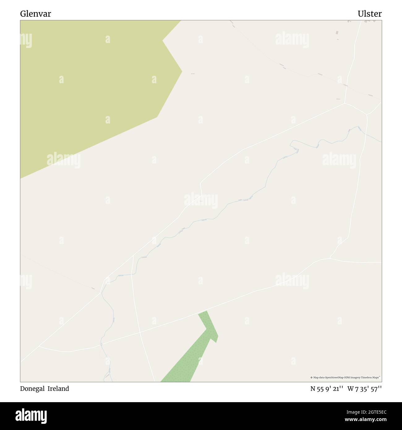 Glenvar, Donegal, Ireland, Ulster, N 55 9' 21'', W 7 35' 57'', map, Timeless Map veröffentlicht im Jahr 2021. Reisende, Entdecker und Abenteurer wie Florence Nightingale, David Livingstone, Ernest Shackleton, Lewis and Clark und Sherlock Holmes haben sich bei der Planung von Reisen zu den entlegensten Ecken der Welt auf Karten verlassen.Timeless Maps kartiert die meisten Orte auf der Welt und zeigt die Verwirklichung großer Träume Stockfoto