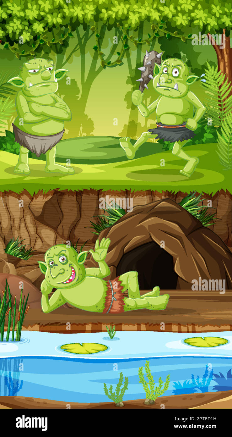 Kobolde oder Trolle mit Höhlenwaldhaus im Cartoon-Stil Stock Vektor