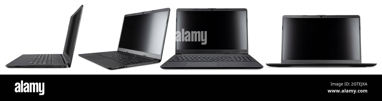 Set Sammlung von modernen offenen schwarzen mobilen Laptop-Notebook-Computer mit Kopierer Platz und leerem Bildschirm in der Vorderansicht isoliert auf weißem Hintergrund. Stockfoto