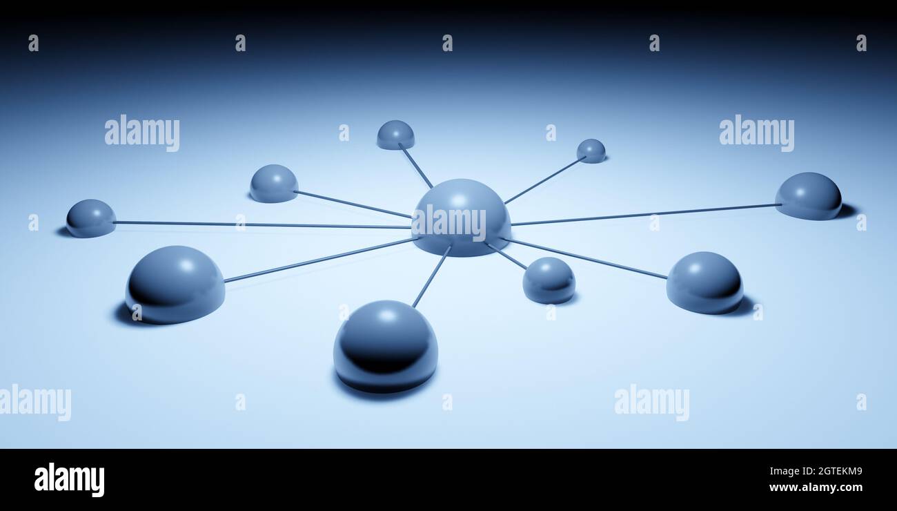 Netzwerk- oder Teamwork-Konzept mit verbundenen Punkten oder Kugeln, blaues abstraktes 3D-Rendering Stockfoto