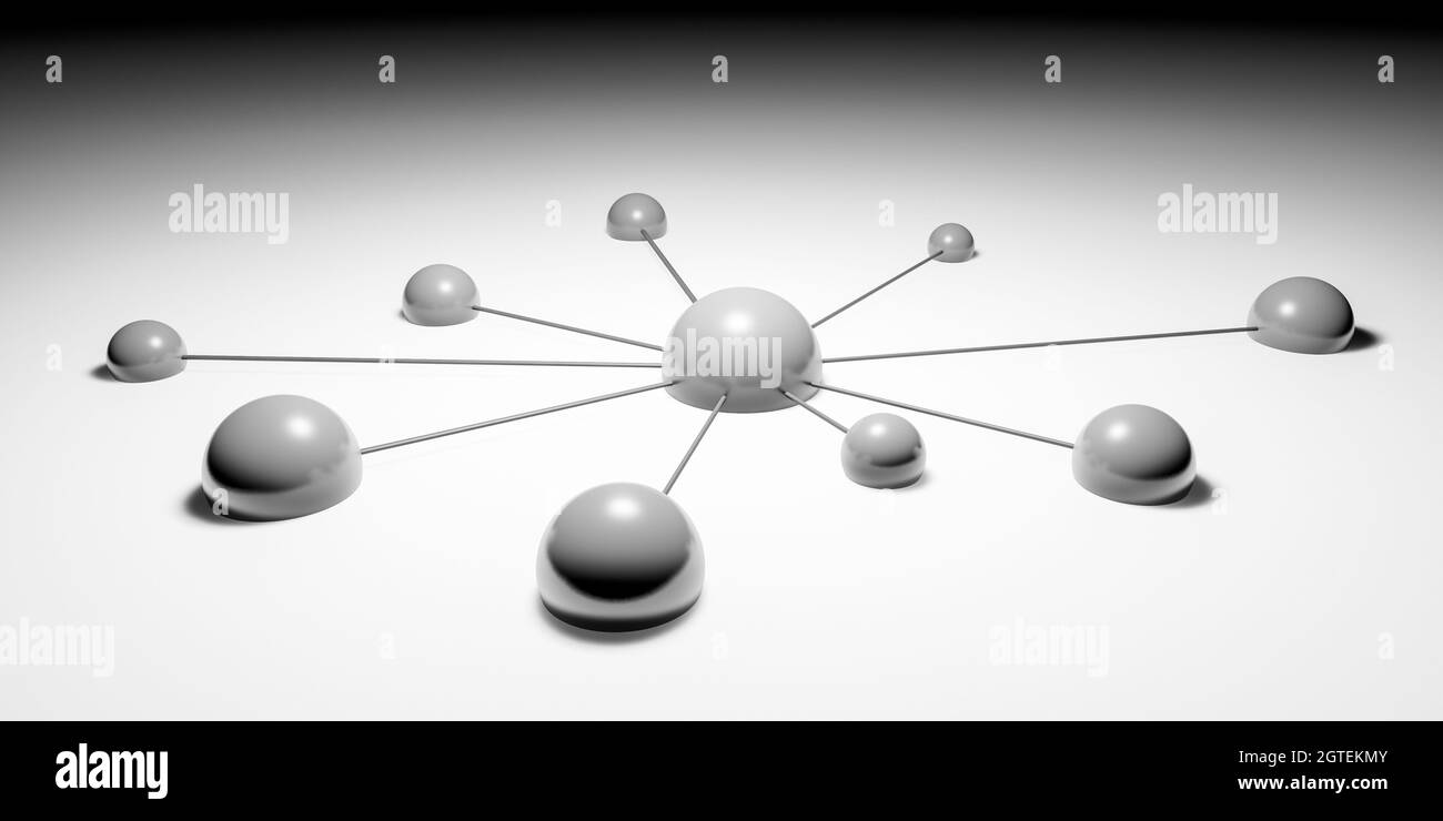 Netzwerk- oder Teamwork-Konzept mit verbundenen Punkten oder Kugeln, schwarz-weiß abstrakt, 3D-Rendering Stockfoto