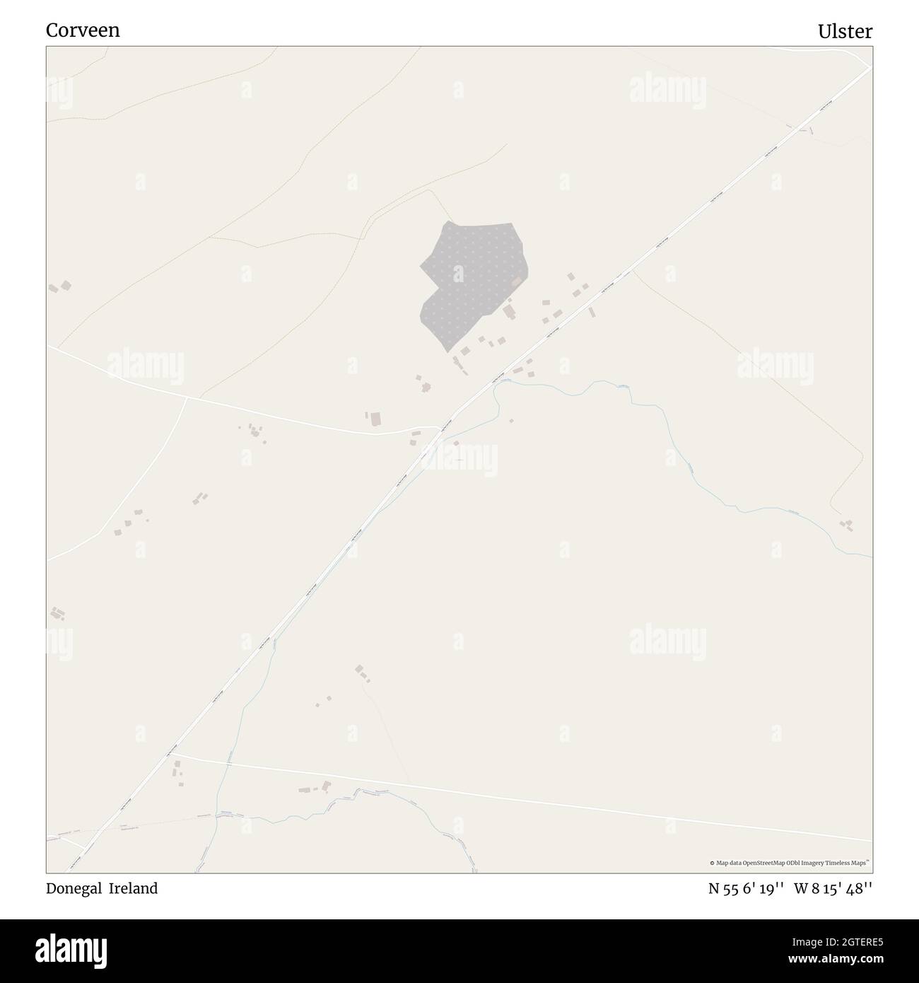 Corveen, Donegal, Ireland, Ulster, N 55 6' 19'', W 8 15' 48'', map, Timeless Map veröffentlicht im Jahr 2021. Reisende, Entdecker und Abenteurer wie Florence Nightingale, David Livingstone, Ernest Shackleton, Lewis and Clark und Sherlock Holmes haben sich bei der Planung von Reisen zu den entlegensten Ecken der Welt auf Karten verlassen.Timeless Maps kartiert die meisten Orte auf der Welt und zeigt die Verwirklichung großer Träume Stockfoto