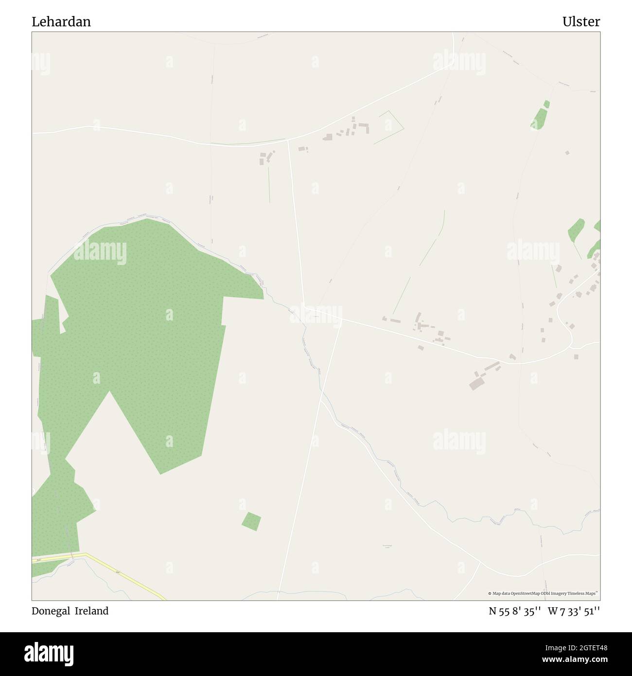 Lehardan, Donegal, Ireland, Ulster, N 55 8' 35'', W 7 33' 51'', map, Timeless Map veröffentlicht im Jahr 2021. Reisende, Entdecker und Abenteurer wie Florence Nightingale, David Livingstone, Ernest Shackleton, Lewis and Clark und Sherlock Holmes haben sich bei der Planung von Reisen zu den entlegensten Ecken der Welt auf Karten verlassen.Timeless Maps kartiert die meisten Orte auf der Welt und zeigt die Verwirklichung großer Träume Stockfoto