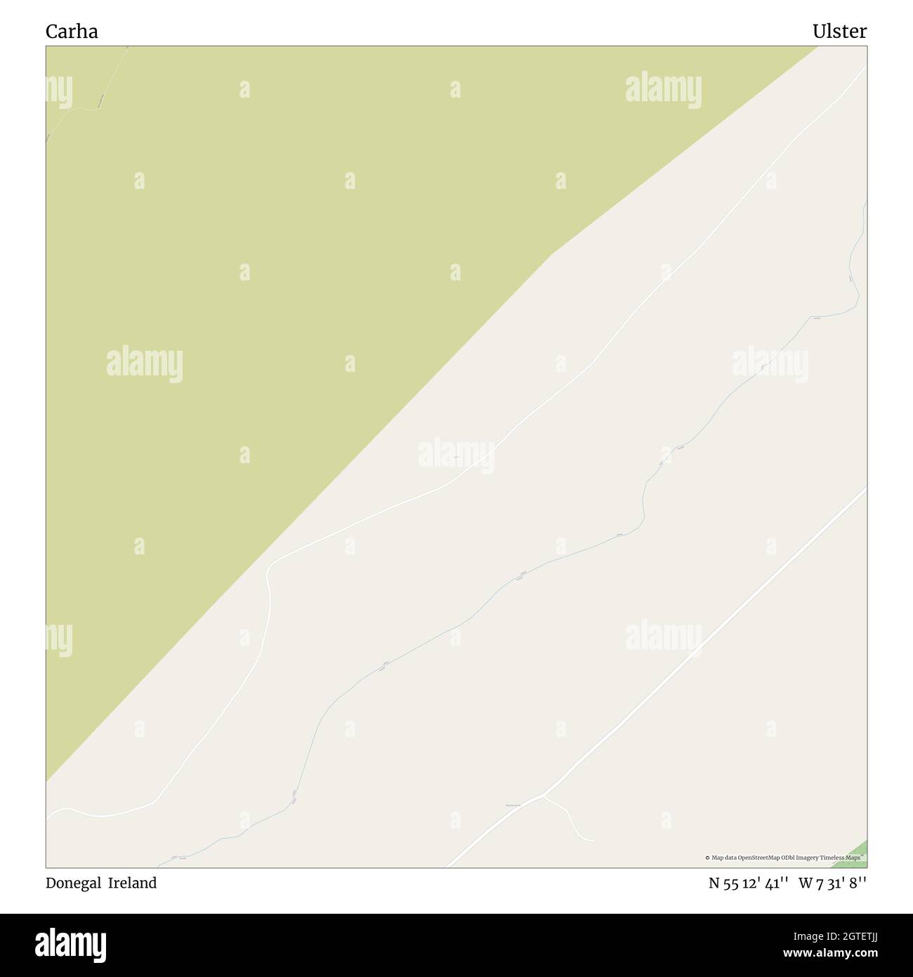 Carha, Donegal, Ireland, Ulster, N 55 12' 41'', W 7 31' 8'', map, Timeless Map veröffentlicht im Jahr 2021. Reisende, Entdecker und Abenteurer wie Florence Nightingale, David Livingstone, Ernest Shackleton, Lewis and Clark und Sherlock Holmes haben sich bei der Planung von Reisen zu den entlegensten Ecken der Welt auf Karten verlassen.Timeless Maps kartiert die meisten Orte auf der Welt und zeigt die Verwirklichung großer Träume Stockfoto