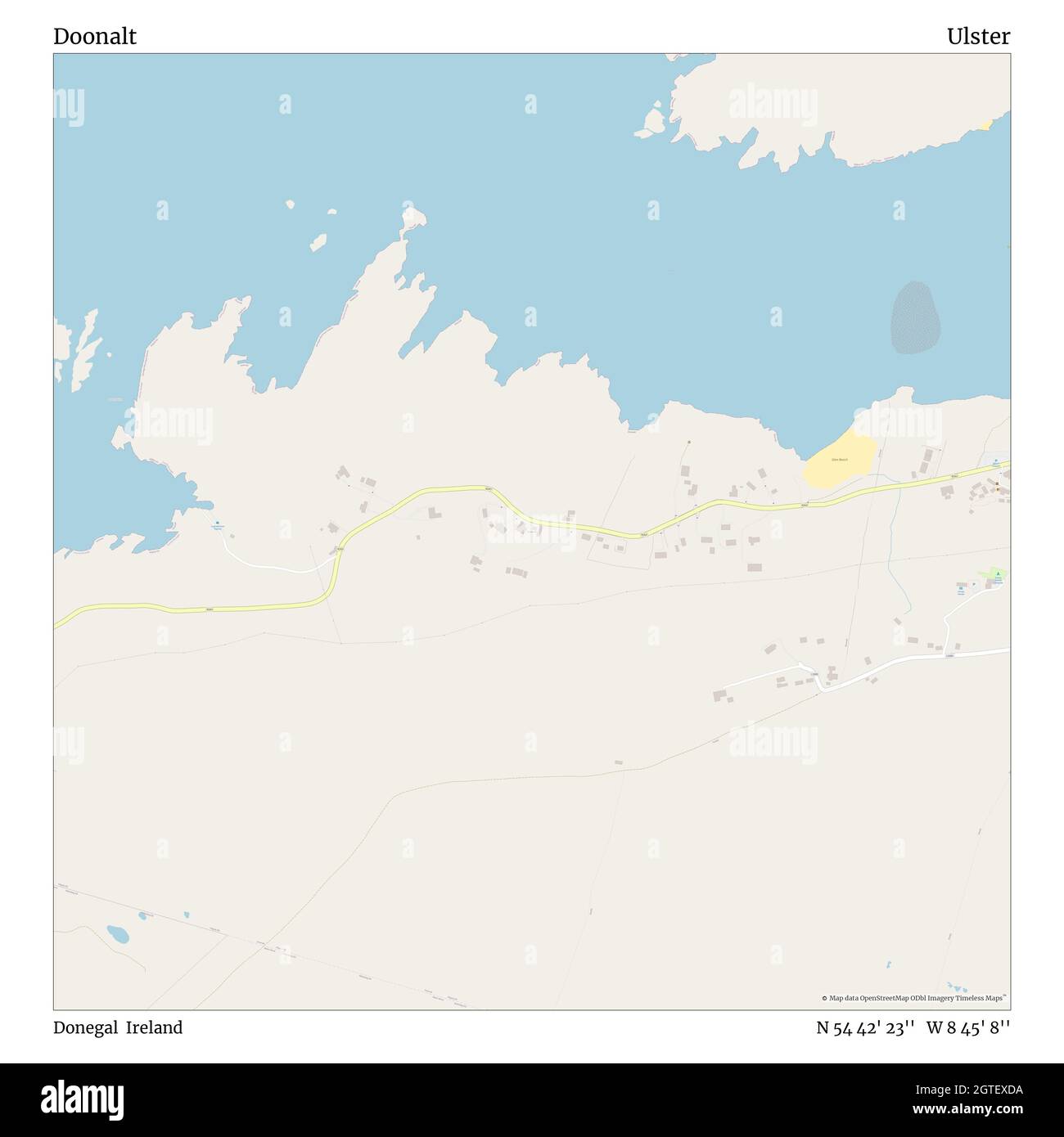 Doonalt, Donegal, Ireland, Ulster, N 54 42' 23'', W 8 45' 8'', map, Timeless Map veröffentlicht im Jahr 2021. Reisende, Entdecker und Abenteurer wie Florence Nightingale, David Livingstone, Ernest Shackleton, Lewis and Clark und Sherlock Holmes haben sich bei der Planung von Reisen zu den entlegensten Ecken der Welt auf Karten verlassen.Timeless Maps kartiert die meisten Orte auf der Welt und zeigt die Verwirklichung großer Träume Stockfoto