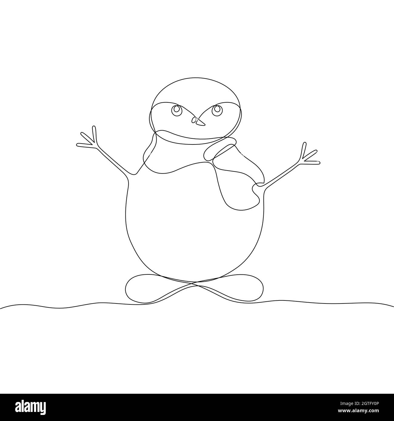 Stilisierter niedlicher Schneemann. Fortlaufendes Einlinien-Zeichnen. Umrissstil. Vektorgrafik für Dekor, Grußkarten, Poster, Drucke für Kleidung, Embleme Stock Vektor