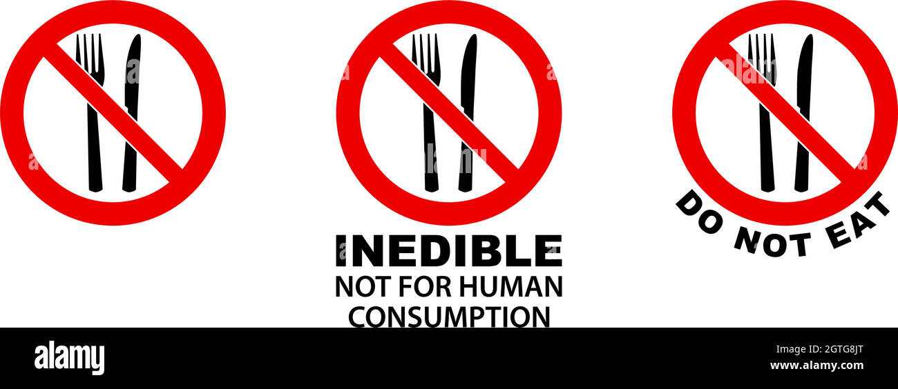 Nicht essen, ungenießbar, sign. Messer und Gabel in rot durchgestrichenen Kreis. Version ohne/mit Text unten. Stock Vektor