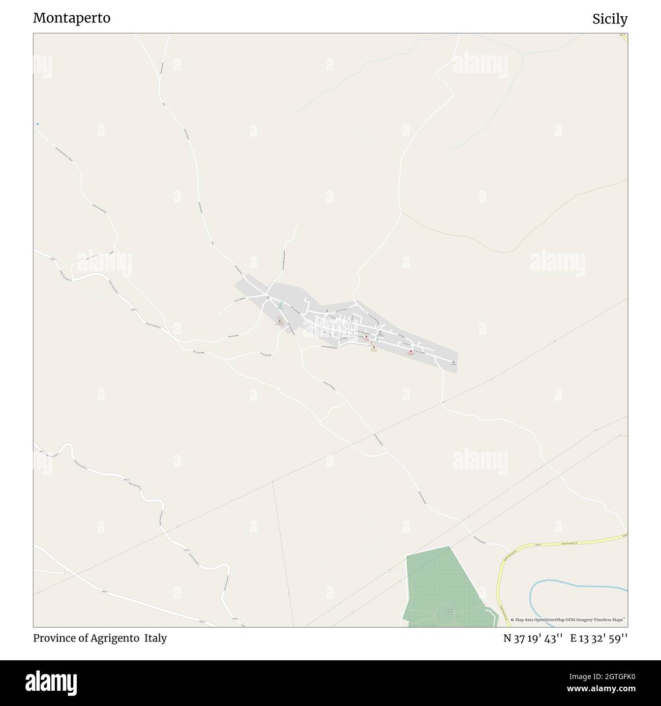 Montaperto, Provinz Agrigento, Italien, Sizilien, N 37 19' 43'', E 13 32' 59'', Karte, Timeless Map veröffentlicht im Jahr 2021. Reisende, Entdecker und Abenteurer wie Florence Nightingale, David Livingstone, Ernest Shackleton, Lewis and Clark und Sherlock Holmes haben sich bei der Planung von Reisen zu den entlegensten Ecken der Welt auf Karten verlassen.Timeless Maps kartiert die meisten Orte auf der Welt und zeigt die Verwirklichung großer Träume Stockfoto