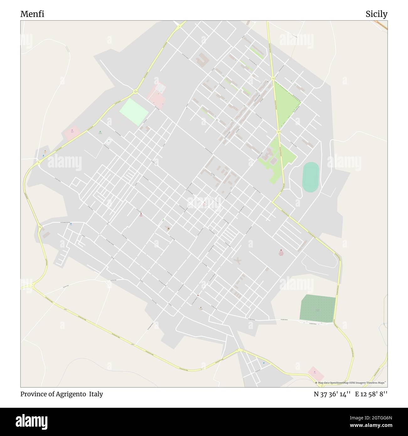 Menfi, Provinz Agrigento, Italien, Sizilien, N 37 36' 14'', E 12 58' 8'', Karte, Timeless Map veröffentlicht im Jahr 2021. Reisende, Entdecker und Abenteurer wie Florence Nightingale, David Livingstone, Ernest Shackleton, Lewis and Clark und Sherlock Holmes haben sich bei der Planung von Reisen zu den entlegensten Ecken der Welt auf Karten verlassen.Timeless Maps kartiert die meisten Orte auf der Welt und zeigt die Verwirklichung großer Träume Stockfoto