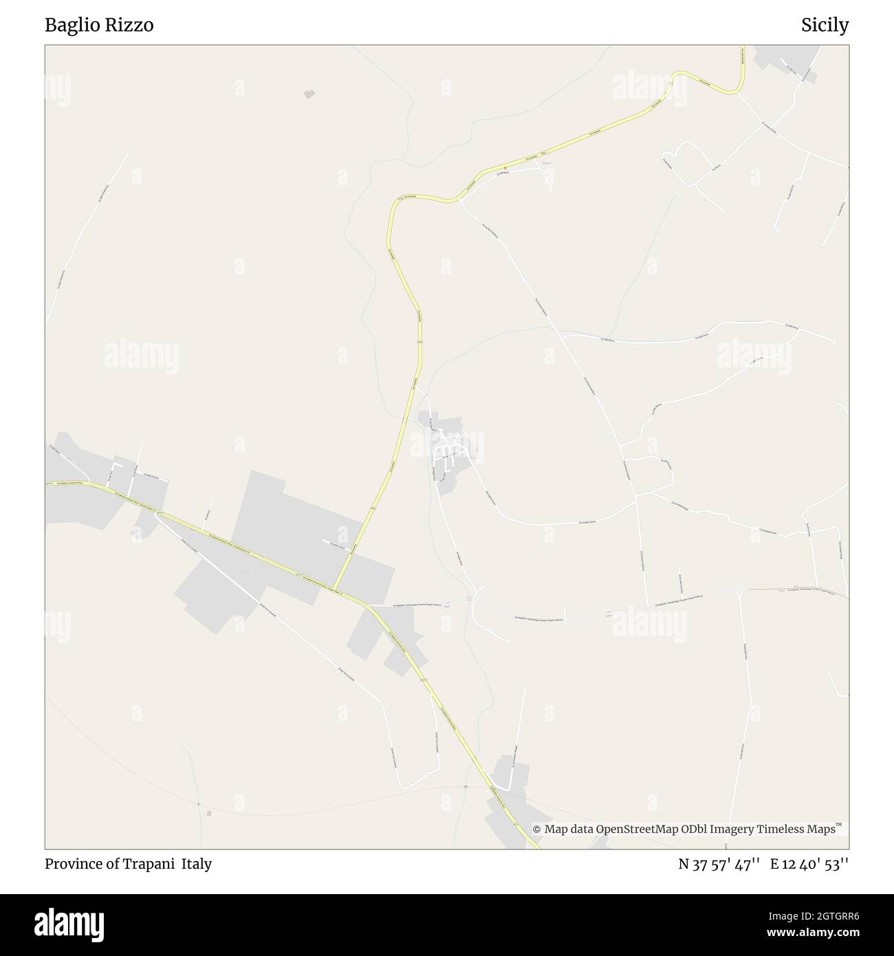 Baglio Rizzo, Provinz Trapani, Italien, Sizilien, N 37 57' 47'', E 12 40' 53'', Karte, Timeless Map veröffentlicht im Jahr 2021. Reisende, Entdecker und Abenteurer wie Florence Nightingale, David Livingstone, Ernest Shackleton, Lewis and Clark und Sherlock Holmes haben sich bei der Planung von Reisen zu den entlegensten Ecken der Welt auf Karten verlassen.Timeless Maps kartiert die meisten Orte auf der Welt und zeigt die Verwirklichung großer Träume Stockfoto