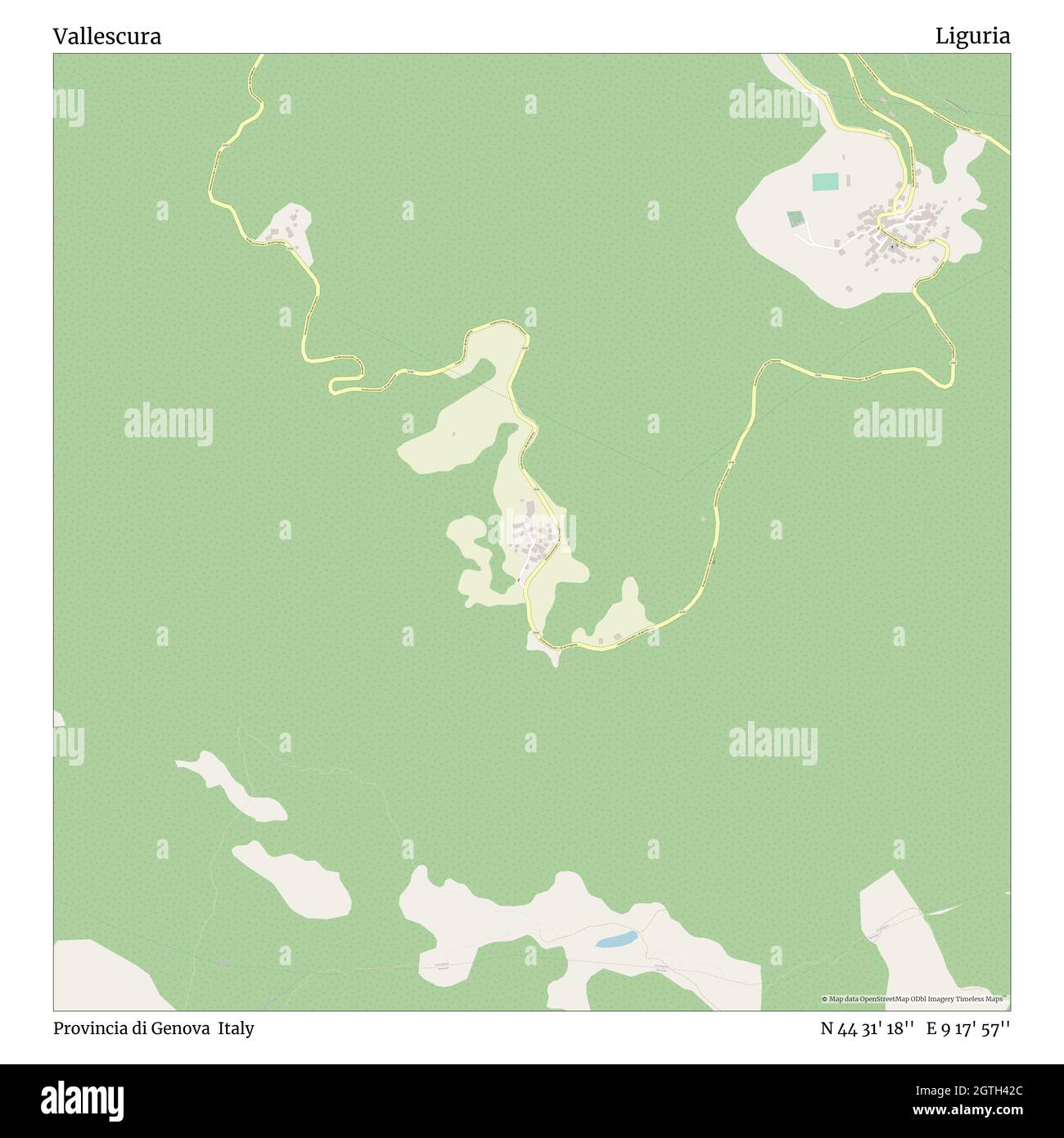 Vallescura, Provincia di Genova, Italien, Ligurien, N 44 31' 18'', E 9 17' 57'', map, Timeless Map veröffentlicht im Jahr 2021. Reisende, Entdecker und Abenteurer wie Florence Nightingale, David Livingstone, Ernest Shackleton, Lewis and Clark und Sherlock Holmes haben sich bei der Planung von Reisen zu den entlegensten Ecken der Welt auf Karten verlassen.Timeless Maps kartiert die meisten Orte auf der Welt und zeigt die Verwirklichung großer Träume Stockfoto