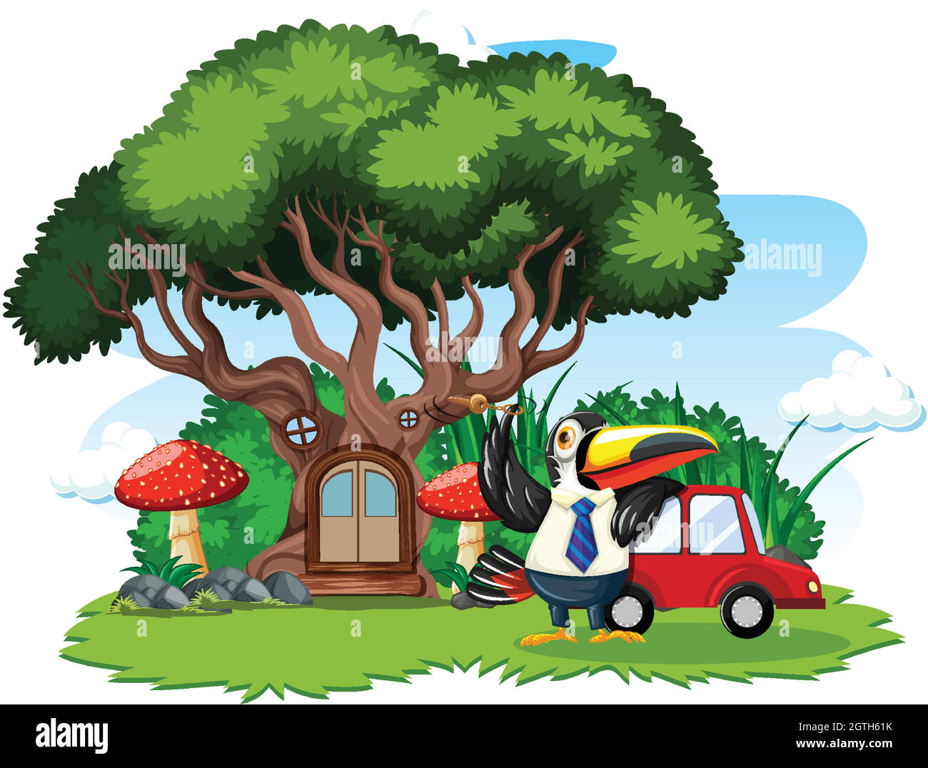 Baumhaus mit niedlichen Vogel Cartoon-Stil auf weißem Hintergrund Stock Vektor