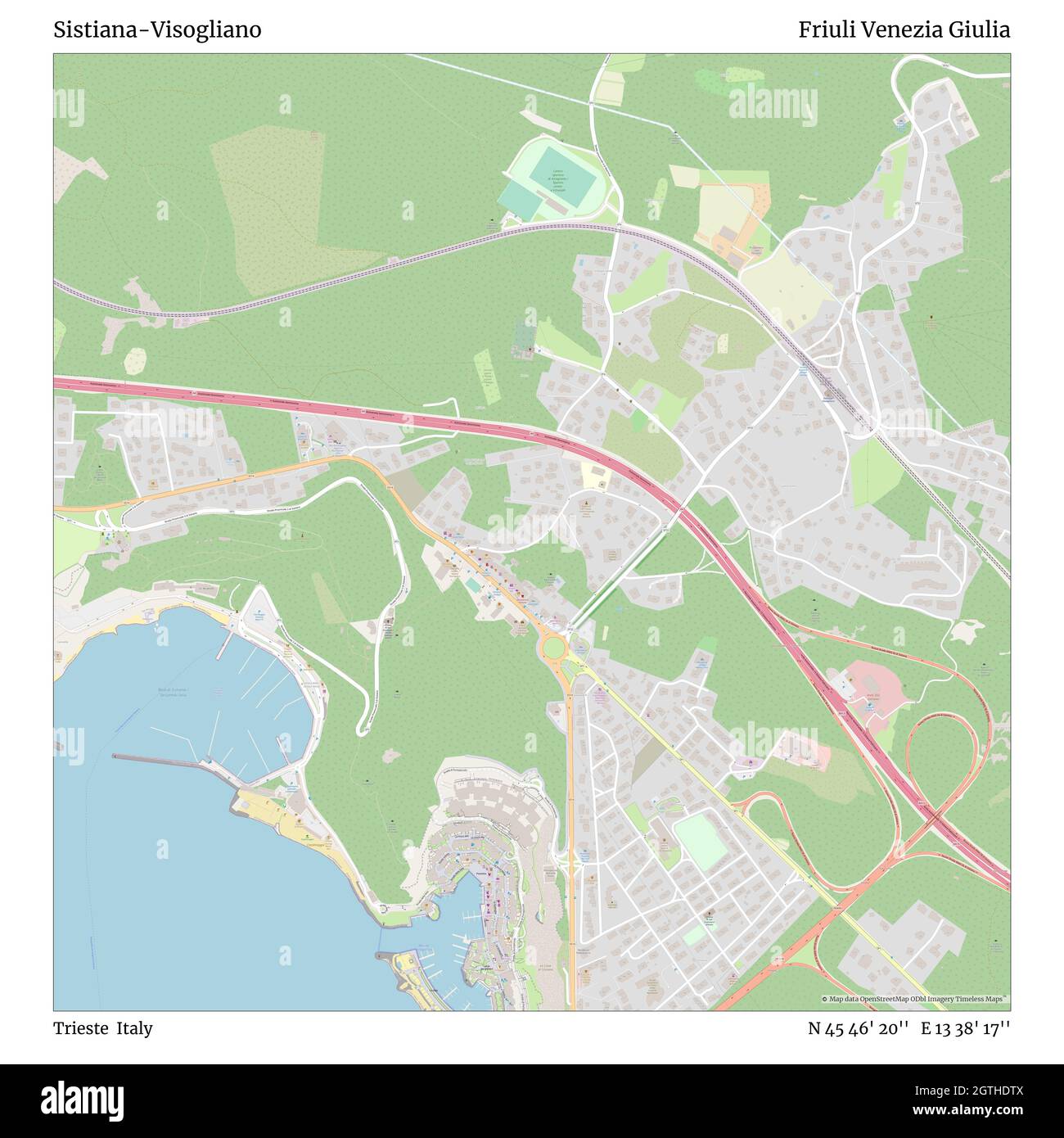 Sistiana-Visogliano, Triest, Italien, Friaul Julisch Venetien, N 45 46' 20'', E 13 38' 17'', Karte, Timeless Map veröffentlicht im Jahr 2021. Reisende, Entdecker und Abenteurer wie Florence Nightingale, David Livingstone, Ernest Shackleton, Lewis and Clark und Sherlock Holmes haben sich bei der Planung von Reisen zu den entlegensten Ecken der Welt auf Karten verlassen.Timeless Maps kartiert die meisten Orte auf der Welt und zeigt die Verwirklichung großer Träume Stockfoto