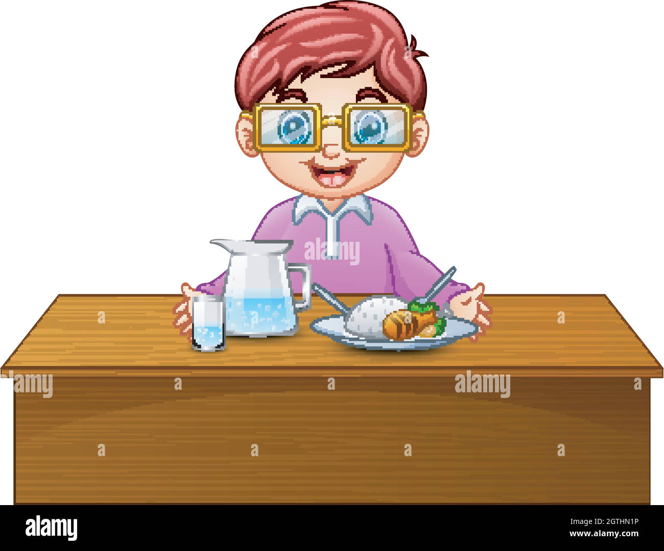 Cartoon glücklich Junge in Gläsern essen auf Esstisch Stock Vektor