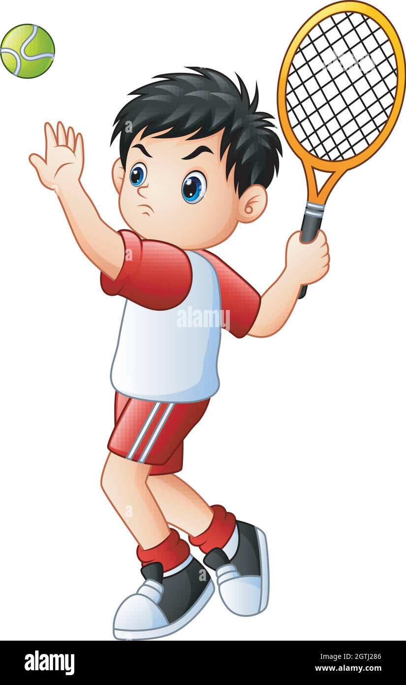 Niedlicher kleiner Junge spielt Tennis auf weißem Hintergrund Stock Vektor