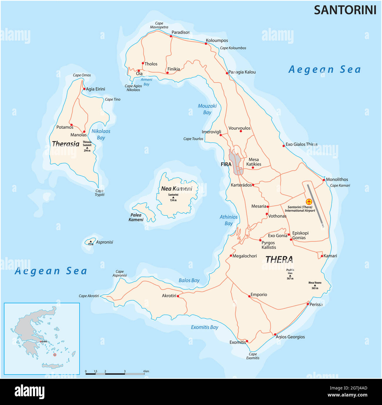 Vektorkarte des Santorini-Archipels in der südlichen Ägäis, Griechenland Stock Vektor