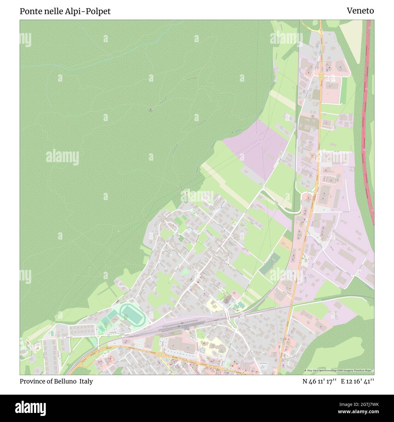 Ponte nelle Alpi-Polpet, Provinz Belluno, Italien, Venetien, N 46 11' 17'', E 12 16' 41'', Karte, Timeless Map veröffentlicht im Jahr 2021. Reisende, Entdecker und Abenteurer wie Florence Nightingale, David Livingstone, Ernest Shackleton, Lewis and Clark und Sherlock Holmes haben sich bei der Planung von Reisen zu den entlegensten Ecken der Welt auf Karten verlassen.Timeless Maps kartiert die meisten Orte auf der Welt und zeigt die Verwirklichung großer Träume Stockfoto