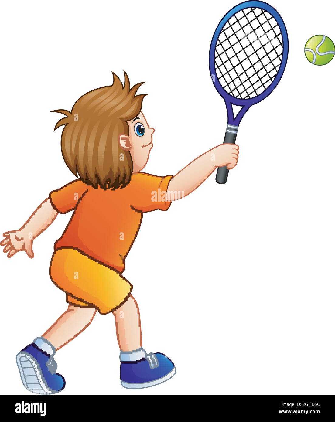 Niedlicher kleiner Junge spielt Tennis auf weißem Hintergrund Stock Vektor