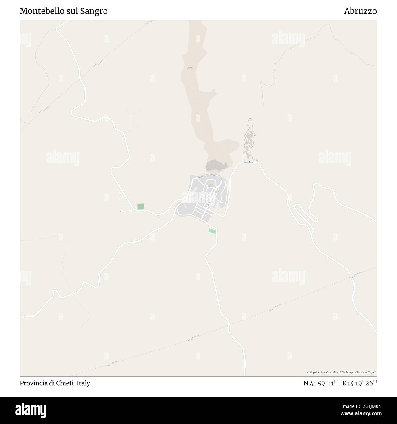 Montebello sul Sangro, Provincia di Chieti, Italien, Abruzzen, N 41 59' 11'', E 14 19' 26'', map, Timeless Map veröffentlicht im Jahr 2021. Reisende, Entdecker und Abenteurer wie Florence Nightingale, David Livingstone, Ernest Shackleton, Lewis and Clark und Sherlock Holmes haben sich bei der Planung von Reisen zu den entlegensten Ecken der Welt auf Karten verlassen.Timeless Maps kartiert die meisten Orte auf der Welt und zeigt die Verwirklichung großer Träume Stockfoto