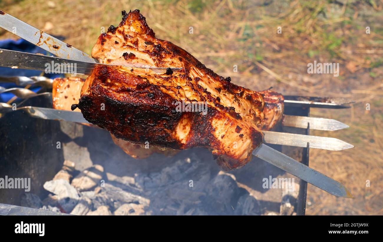 Köstliches appetitliches Stück Fleisch, das bei einem Picknick über dem Feuer gebraten wird Stockfoto