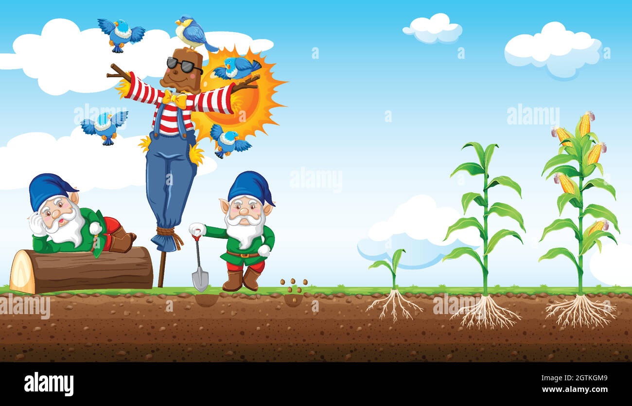 Gnome und Vogelscheuche Cartoon-Stil mit Maisfarm und Himmel Hintergrund Stock Vektor