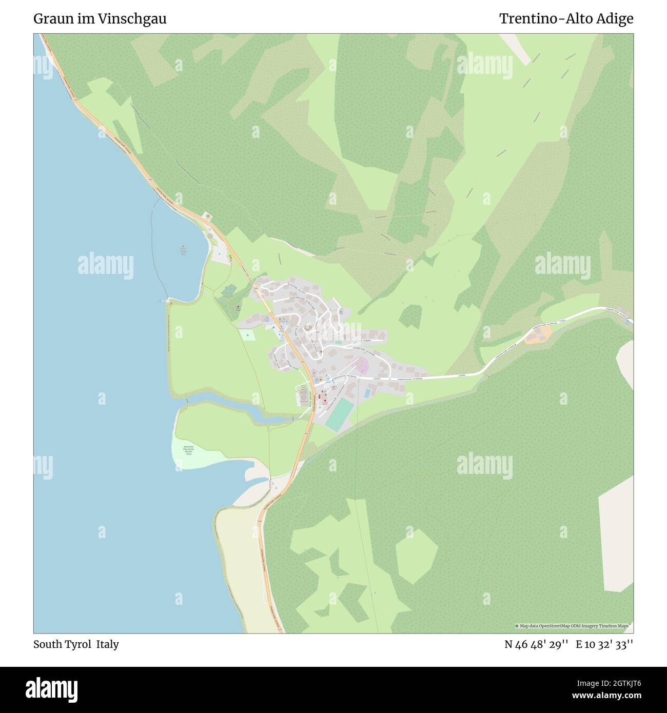 Graun im Vinschgau, Südtirol, Italien, Trentino-Südtirol, N 46 48' 29'', E 10 32' 33'', map, Timeless Map veröffentlicht 2021. Reisende, Entdecker und Abenteurer wie Florence Nightingale, David Livingstone, Ernest Shackleton, Lewis and Clark und Sherlock Holmes haben sich bei der Planung von Reisen zu den entlegensten Ecken der Welt auf Karten verlassen.Timeless Maps kartiert die meisten Orte auf der Welt und zeigt die Verwirklichung großer Träume Stockfoto