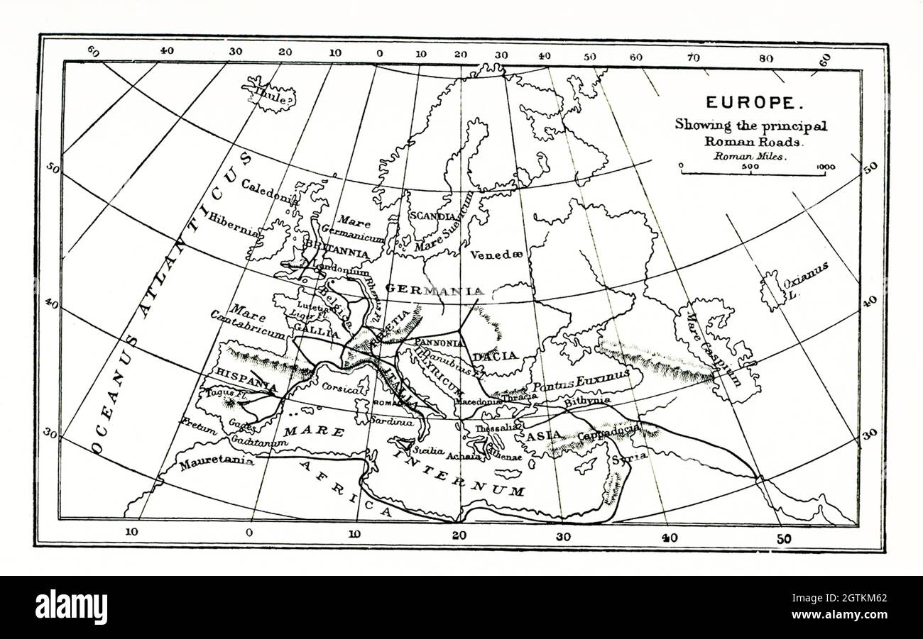 Diese Karte von europa zeigt die wichtigsten alten römischen Straßen in der Gegend. Das Netz der öffentlichen römischen Straßen umfasste rund 76,000 Meilen, und es unterstützte stark die freie Bewegung von Armeen, Menschen und Waren im ganzen Reich. Stockfoto