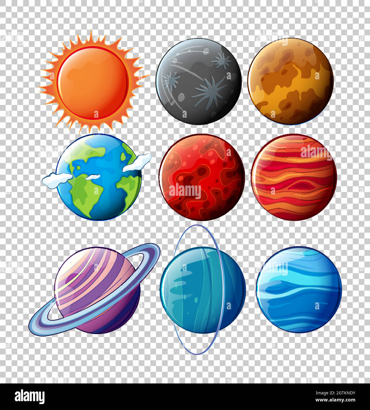 Verschiedene Planeten im Sonnensystem auf transparentem Hintergrund Stock Vektor